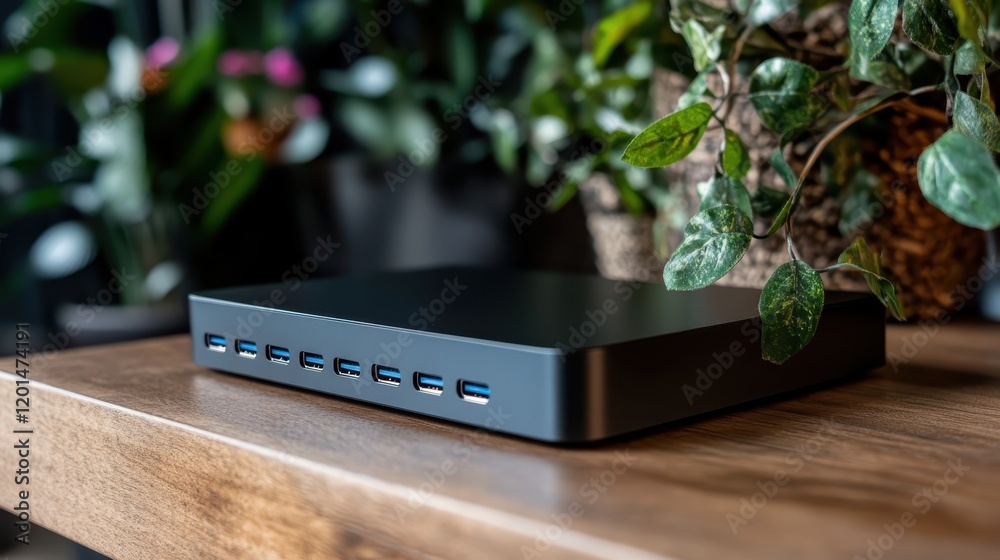 An elegant black tech hub displayed on a wooden surface, surrounded by greenery, emphasizing a stylish blend of technology and natural elements for a serene atmosphere.