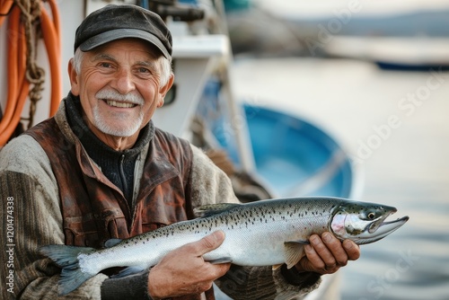 Elderly fisherman proudly displays his freshly caught salmon with a modern fishing boat background photo