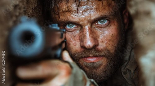 A soldier's intense gaze while aiming a weapon in a rugged setting captures the emotion and gravity of military duty and commitment to their mission. photo