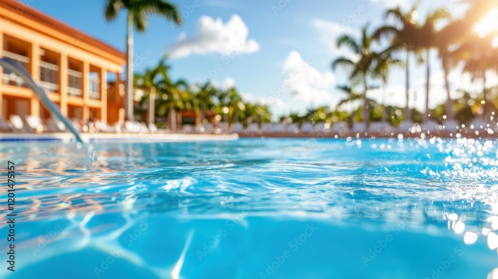 Sunny afternoon by the pool with sparkling water and palm trees swaying gently Sunny afternoon by the pool with sparkling water and palm trees swaying gently