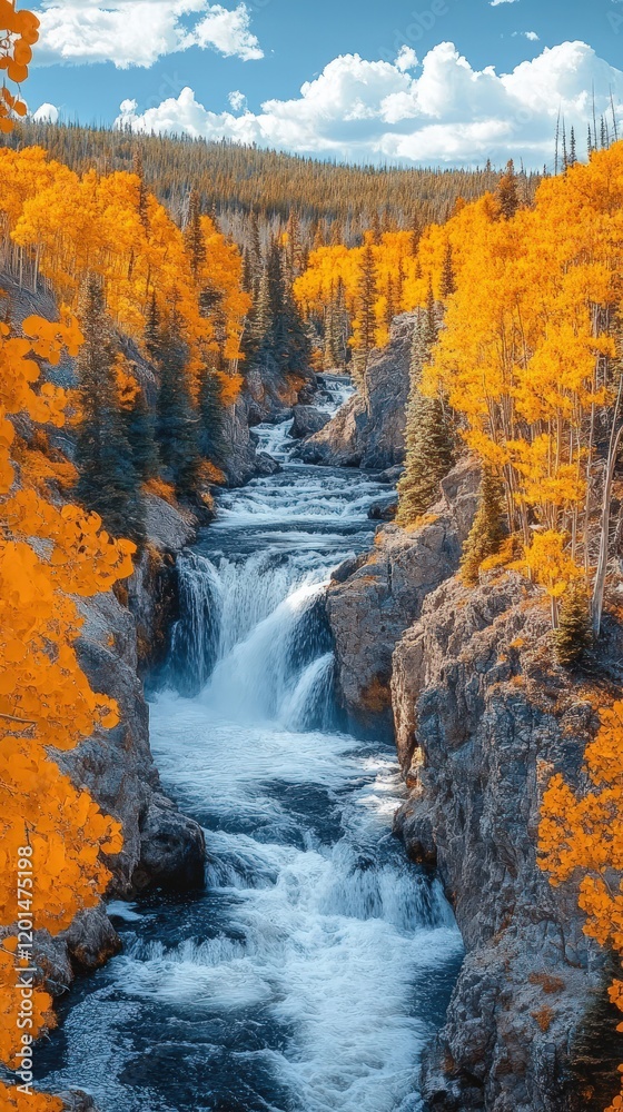 Vibrant autumn foliage surrounds a cascading waterfall flowing through a rocky gorge. Vibrant autumn foliage surrounds a cascading waterfall flowing through a rocky gorge.