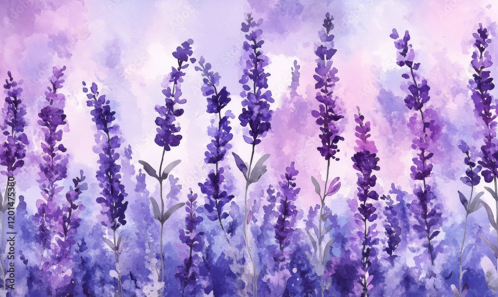 Fototapeta premium Beautiful watercolor purple violet lavender flower floral seamless pattern in a lush garden, floral, pattern, flower