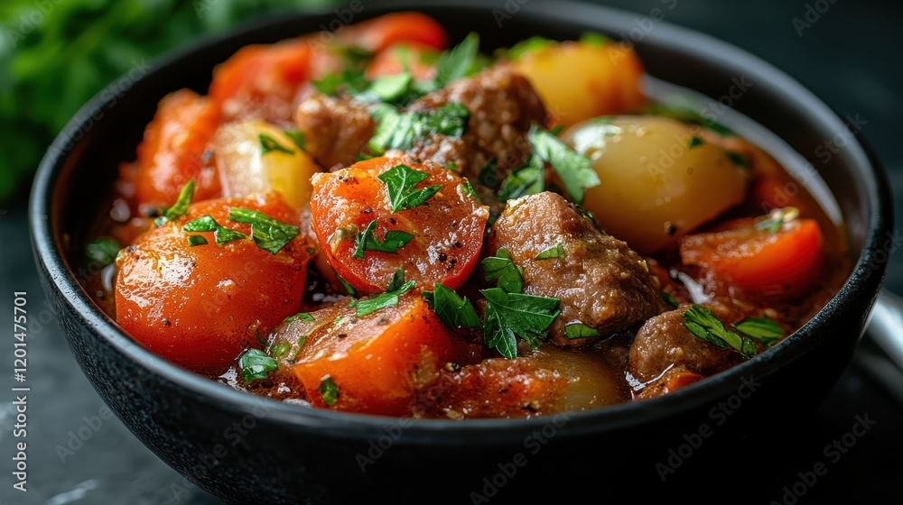 A rich and hearty stew combining tender meat cubes and fresh vegetables, finished with parsley, served in a rustic bowl that enhances its warmth and comfort. A rich and hearty stew combining tender meat cubes and fresh vegetables, finished with parsley, served in a rustic bowl that enhances its warmth and comfort.