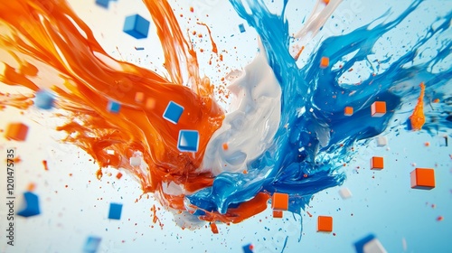 Vibrant explosion of orange, blue, and white paint with scattered cubes symbolizing creativity photo