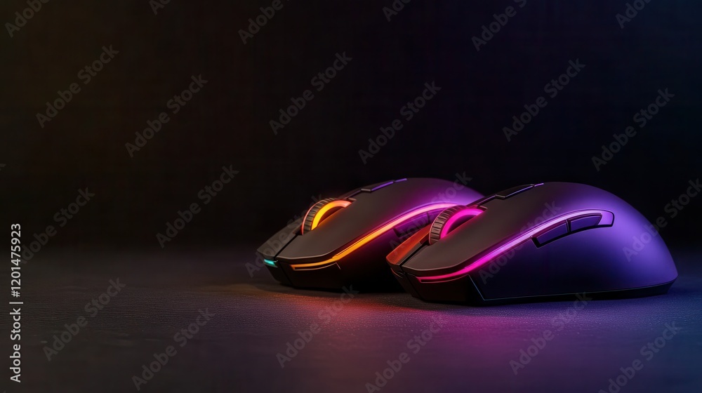 A pair of high-tech gaming mice emits vibrant RGB lighting against a dark backdrop, symbolizing the excitement and innovation in modern gaming technology. A pair of high-tech gaming mice emits vibrant RGB lighting against a dark backdrop, symbolizing the excitement and innovation in modern gaming technology.