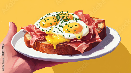Breakfast, eggs benedict, eggs, fried eggs, bacon, cheese, junkie