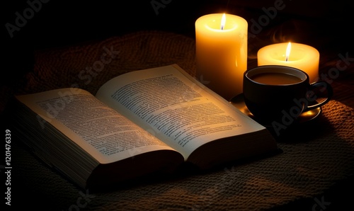 Book is open on a table with a cup of coffee next to it. The book is a novel and the coffee is a hot beverage. The scene is cozy and inviting, with the candlelight adding to the