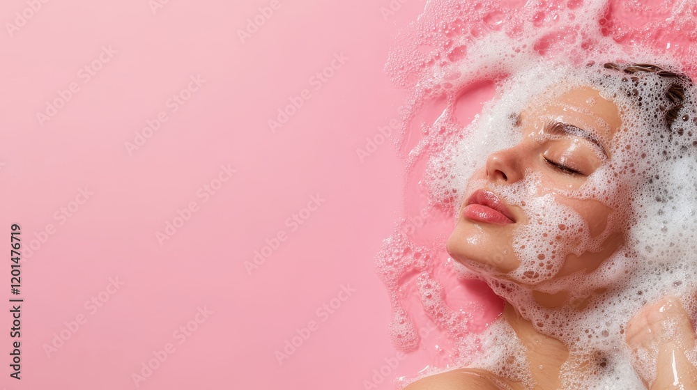 A serene image of a woman with closed eyes, her face covered in bubbles, presenting a calming and refreshing atmosphere against a soft pink backdrop. A serene image of a woman with closed eyes, her face covered in bubbles, presenting a calming and refreshing atmosphere against a soft pink backdrop.