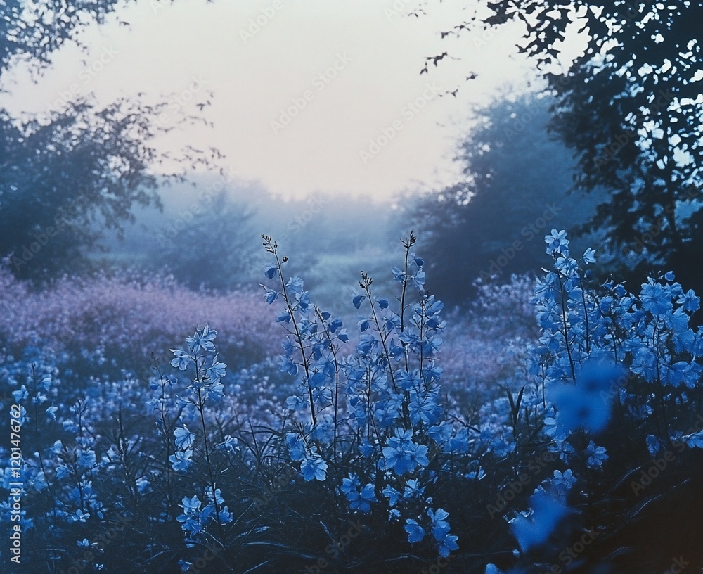Misty morning, blue flowers in field. Misty morning, blue flowers in field.