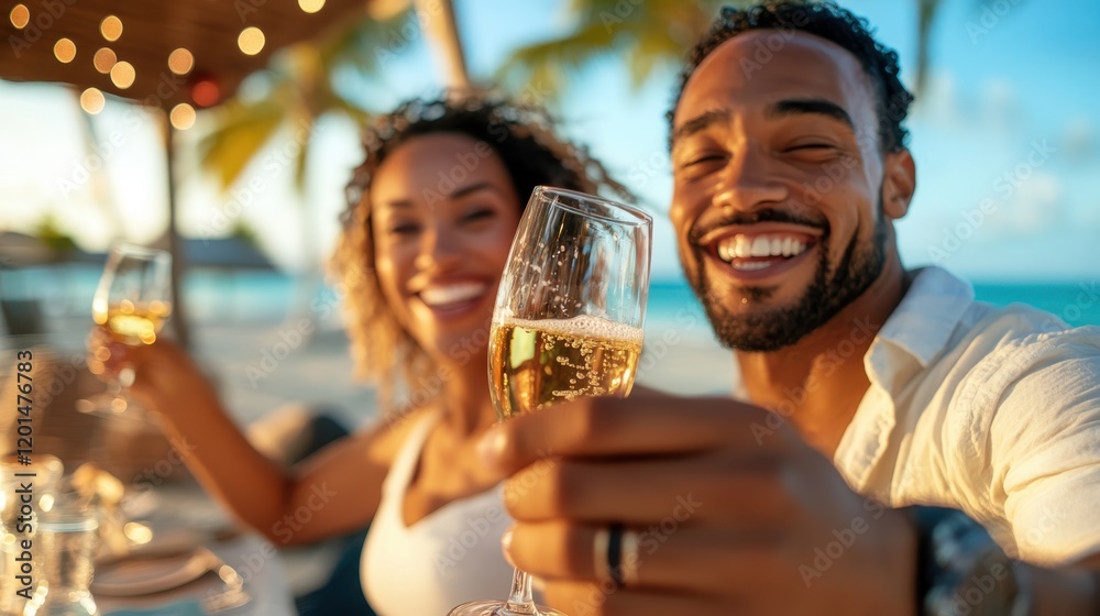 Toasting love and happiness against a stunning ocean backdrop Toasting love and happiness against a stunning ocean backdrop