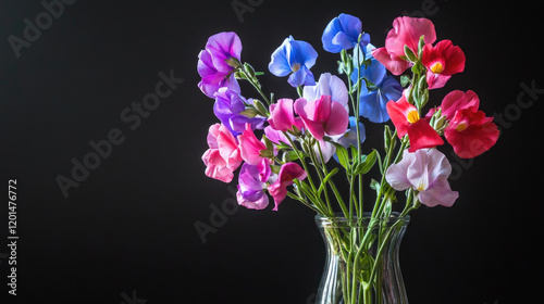 black background, sweet pea, spring, colorful, flowers, beautiful