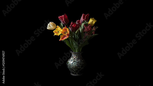 Tulip, spring, black background, double-flowered, pink, frilled, colorful.