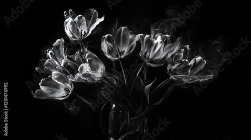 Tulip, spring, black background, double-flowered, pink, frilled, colorful.