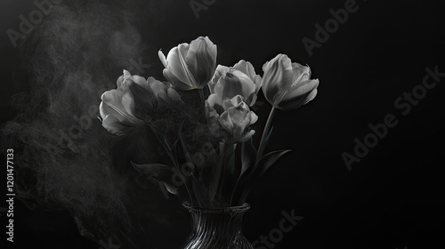 Tulip, spring, black background, double-flowered, pink, frilled, colorful.