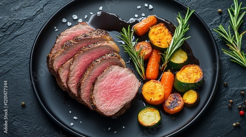 Sliced grilled beef tenderloin steak with roasted carrots and zucchini, rosemary, and sauce on a black plate.