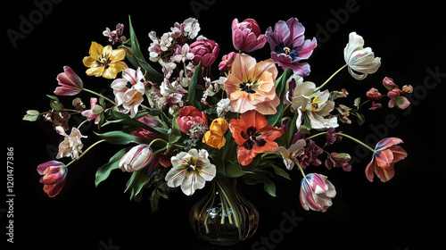 Tulip, spring, black background, double-flowered, pink, frilled, colorful.
