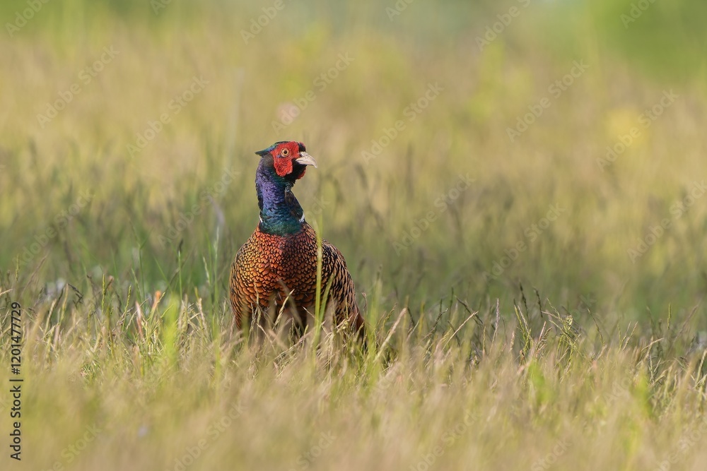 Fototapeta premium a Beautiful male common pheasant walks on the meadow. Wildlife scene from nature. Phasianus colchicus 