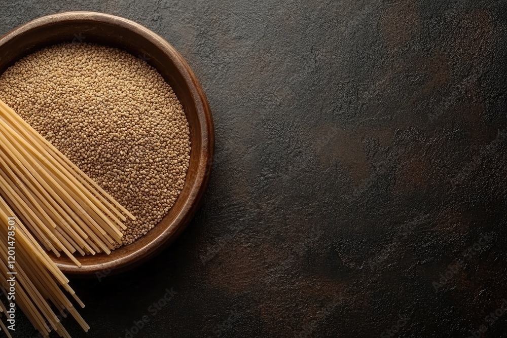 Whole wheat pasta and amaranth grains on dark background; healthy food recipe concept Whole wheat pasta and amaranth grains on dark background; healthy food recipe concept