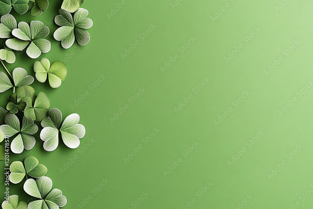 A vibrant green background adorned with delicate clover leaves, perfect for illustrating nature and freshness. A vibrant green background adorned with delicate clover leaves, perfect for illustrating nature and freshness.