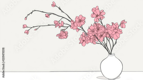 Cherry blossoms, cherry blossoms in a vase, ikebana, white background, cherry blossom illustration, Japan, pink, spring, spring flowers, flowers, cute, beautiful, nature