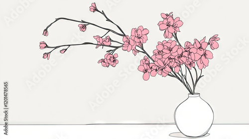 Cherry blossoms, cherry blossoms in a vase, ikebana, white background, cherry blossom illustration, Japan, pink, spring, spring flowers, flowers, cute, beautiful, nature