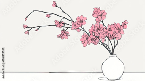 Cherry blossoms, cherry blossoms in a vase, ikebana, white background, cherry blossom illustration, Japan, pink, spring, spring flowers, flowers, cute, beautiful, nature