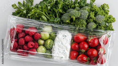 Fresh raspberries, strawberries, broccoli, Brussels sprouts, parsley, and dip in clear plastic packaging. photo