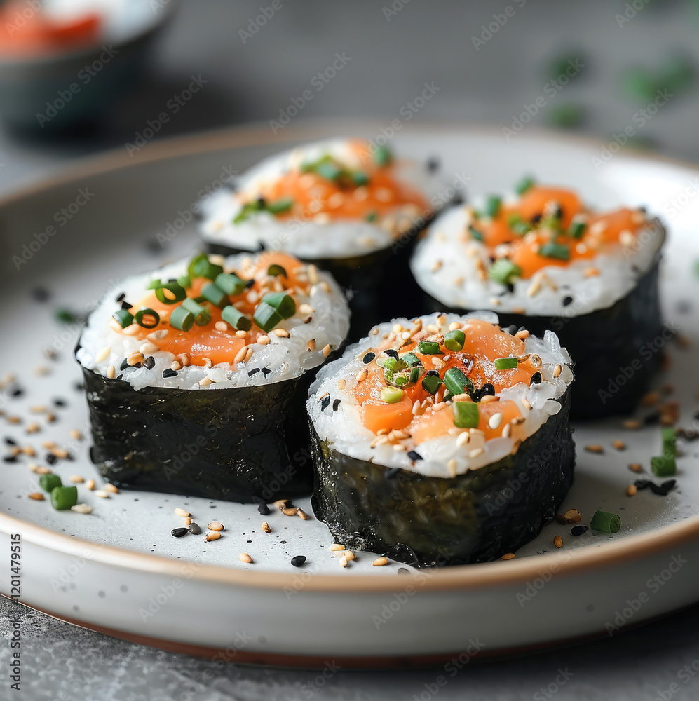 A four sushi rolls filled with spicy salmon on a white plate with a gray background. A four sushi rolls filled with spicy salmon on a white plate with a gray background.