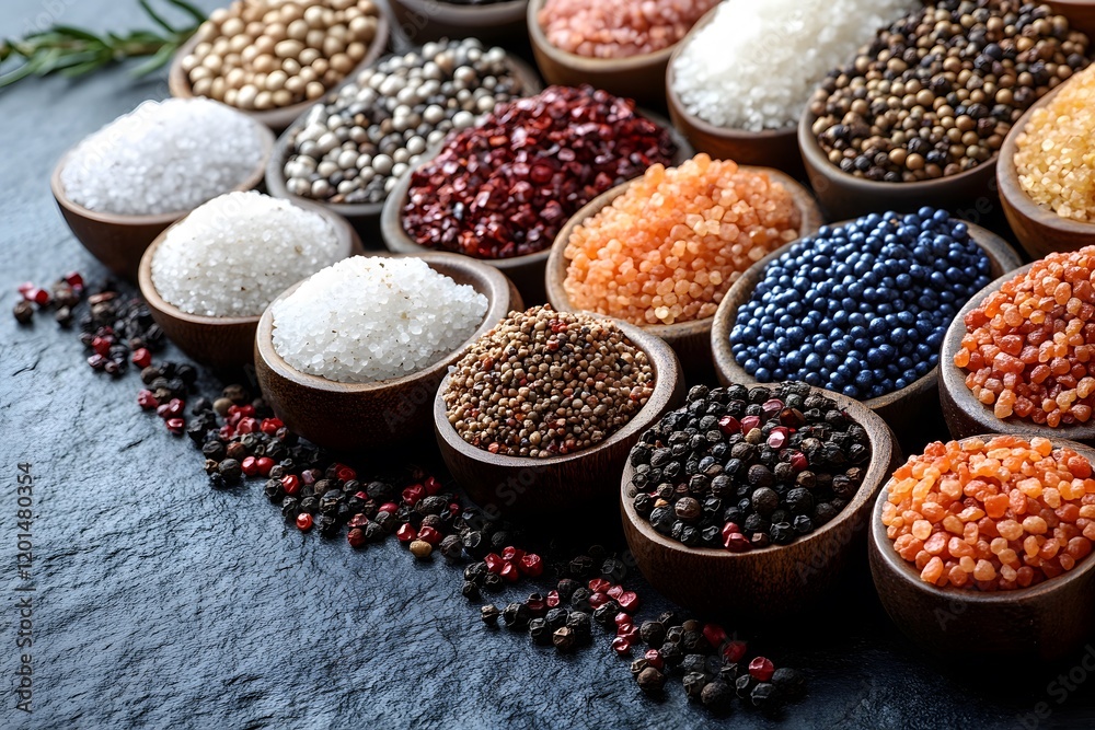 Diverse Spice Collection on Slate Surface for Culinary Inspiration and Cooking Creativity