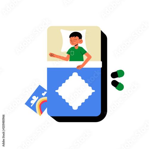 Boy Sleeping Peacefully In Bed In Flat Vector Illustration Symbolizing Rest, Relaxation, And Nighttime Routine, Isolated On White Background.