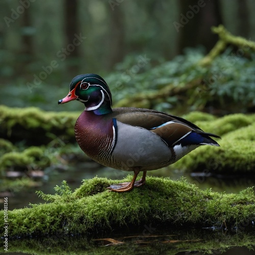 A wood duck perched on a mossy branch in a forest.