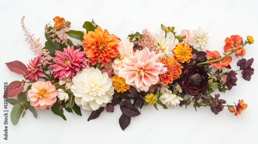 Obraz premium Vibrant Floral Arrangement of Colorful Blooms Displaying a Variety of Shapes and Textures on a White Surface for Creative Projects and Design Inspirations