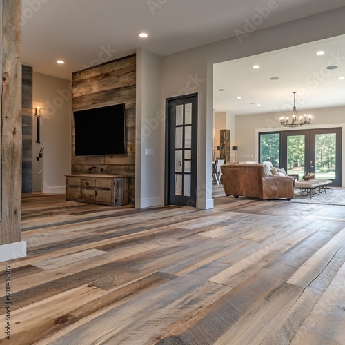 Rustic farmhouse entryway with wood flooring,  reclaimed wood wall, and view to living room.