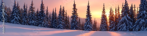 Snow-covered pine trees glowing in a winter sunset.