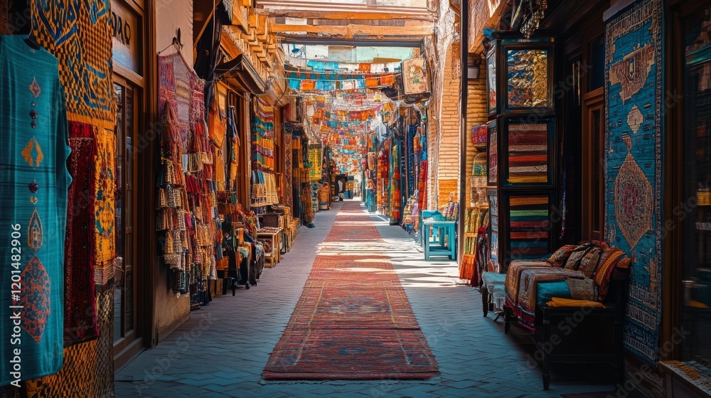 Fototapeta premium A vibrant marketplace filled with colorful fabrics and intricate patterns. The narrow alley leads to unique shops and local craftsmanship. Discover the art of tradition. Generative AI