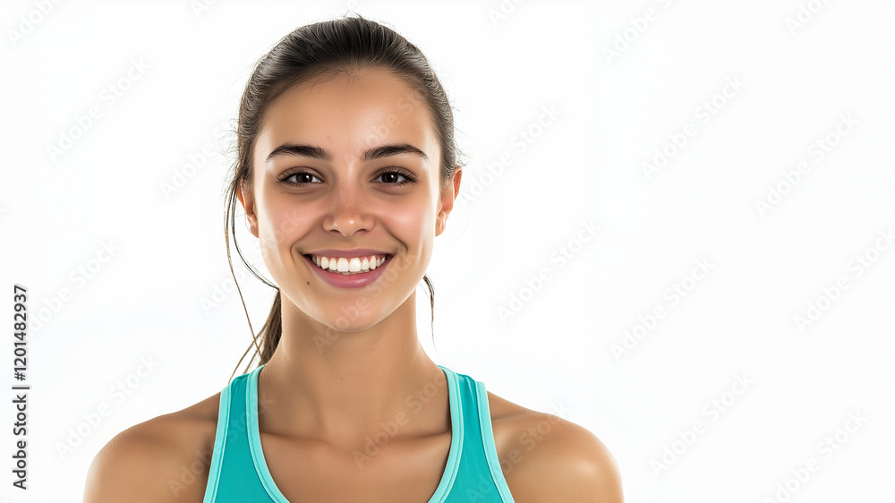 Junge Frau in türkisfarbenem Sporttop, lächelt in die Kamera, strahlendes Lächeln, dunkle Haare, heller Hintergrund, positiv, sportlich, professionell Junge Frau in türkisfarbenem Sporttop, lächelt in die Kamera, strahlendes Lächeln, dunkle Haare, heller Hintergrund, positiv, sportlich, professionell