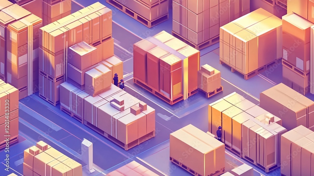 Aerial view of a warehouse with stacked cardboard boxes and workers. Aerial view of a warehouse with stacked cardboard boxes and workers.