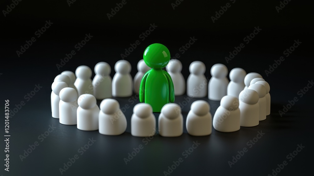 Leadership in action a green figure inspires unity among white figures in a dark environment Leadership in action a green figure inspires unity among white figures in a dark environment