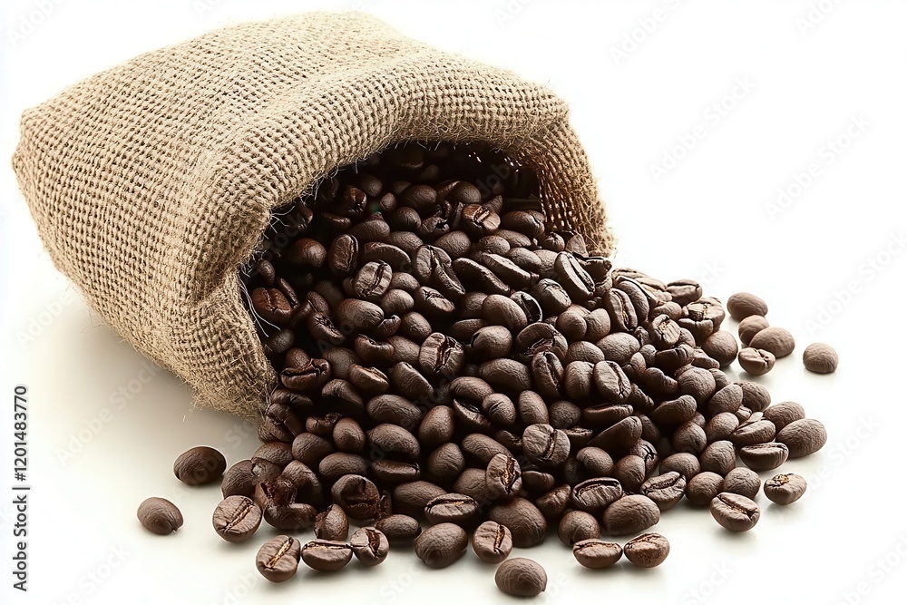Rustic burlap sack overflowing with freshly roasted coffee beans, showcasing rich colors and textures ideal for coffee-related themes and backgrounds.