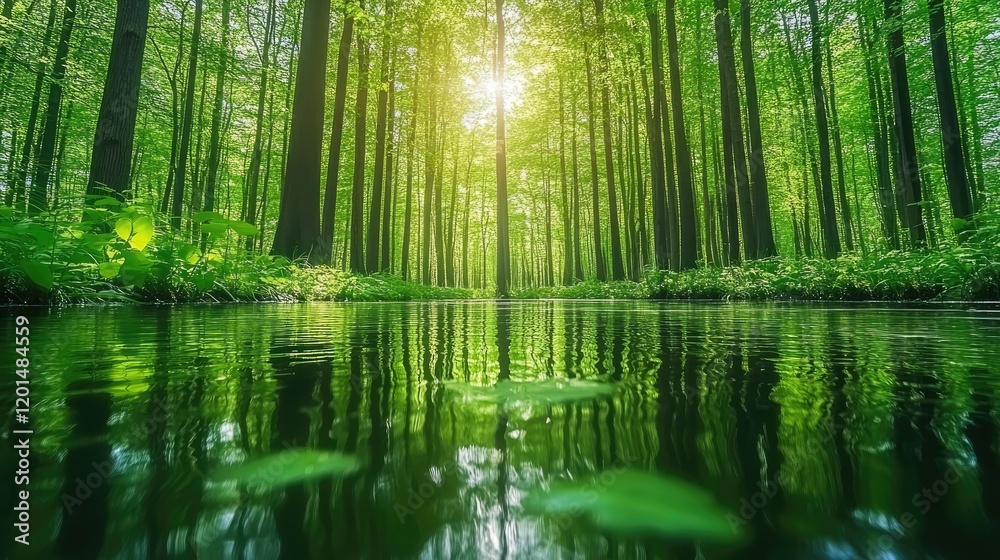 Sunlit forest stream, lush green canopy, tranquil nature scene, ideal for eco-tourism Sunlit forest stream, lush green canopy, tranquil nature scene, ideal for eco-tourism