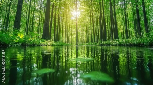 Sunlit forest stream, lush green canopy, tranquil nature scene, ideal for eco-tourism
