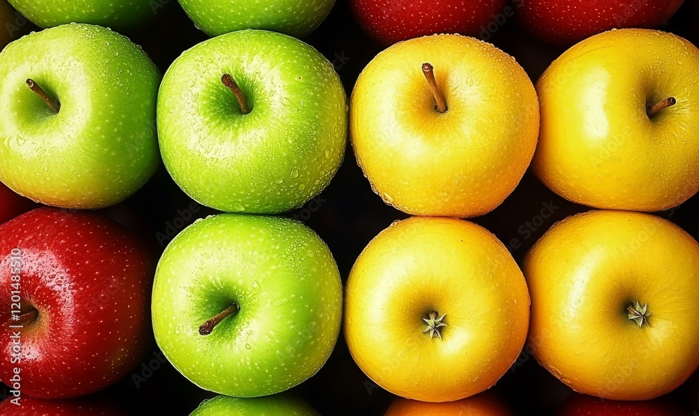 Bunch of apples with a yellow and green color. The apples are arranged in a way that they look like they are in a pile