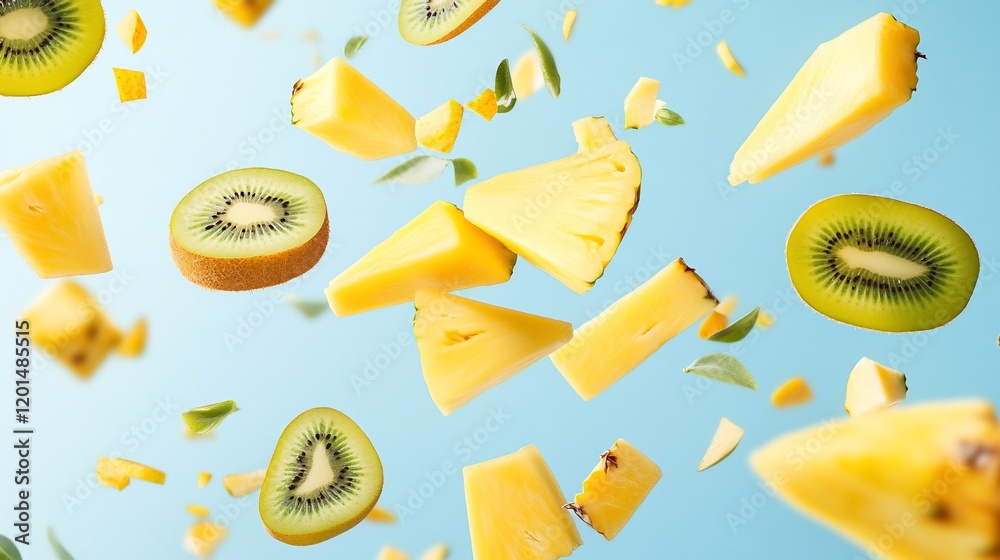 Obraz premium Fresh pineapple and kiwi slices levitating against a light blue background.