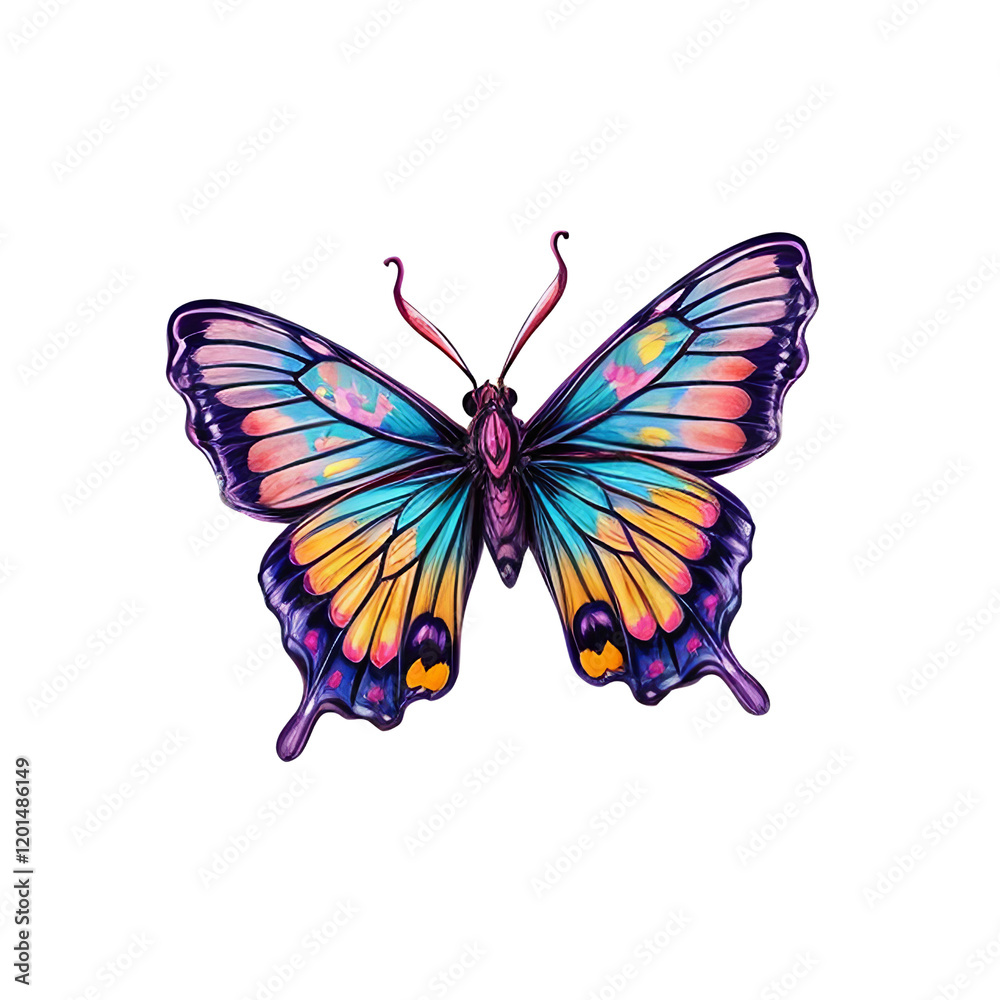 Vibrant Butterfly: A close-up of a strikingly colorful butterfly with purple, pink, and orange wings, showcasing intricate details and vibrant hues. Vibrant Butterfly: A close-up of a strikingly colorful butterfly with purple, pink, and orange wings, showcasing intricate details and vibrant hues.