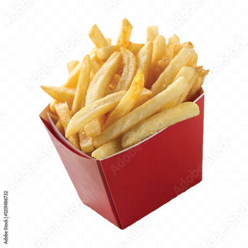 abstract 3d crispy French fries in striped container or red bucket isolated on white background