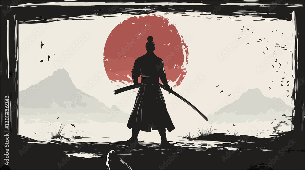 Naklejka premium Shadowy Samurai Warrior Silhouette Illustration for Martial Arts and Culture Enthusiasts
