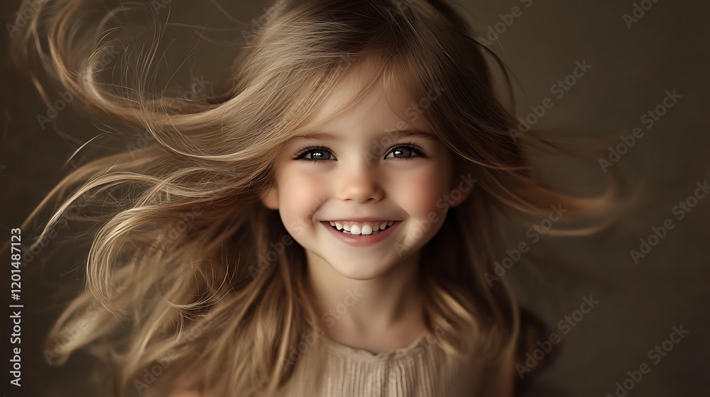 Fototapeta premium Happy little girl with flowing blonde hair, smiling at camera.