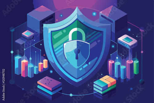 Data Protection Shield vector illustratin, A sleek and modern shield icon surrounded by digital locks, keys, and data streams in motion.
