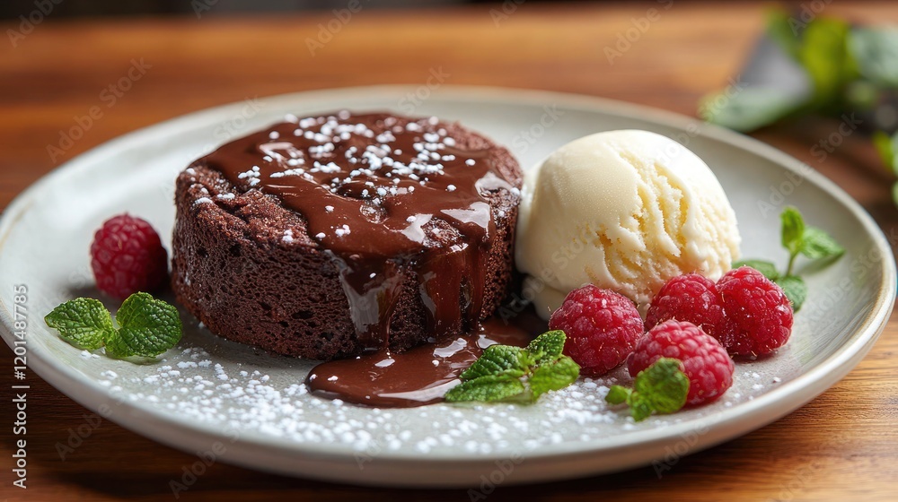 a delicious chocolate lava cake served with vanilla ice cream and fresh berries a delicious chocolate lava cake served with vanilla ice cream and fresh berries
