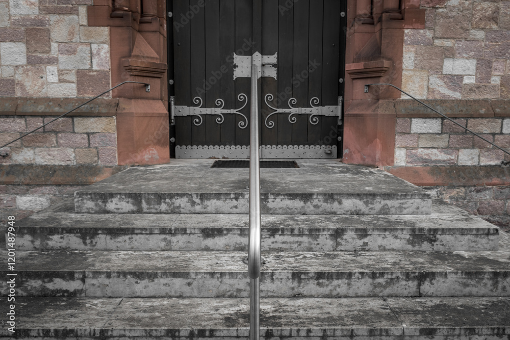 Stone steps lead to an ornate wooden door with intricate details in a historic building in the late afternoon Stone steps lead to an ornate wooden door with intricate details in a historic building in the late afternoon